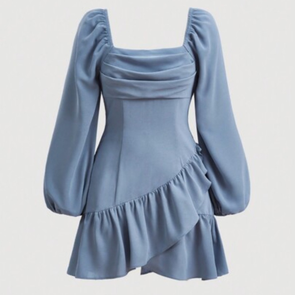 SHEIN Baby Blue Asymmetrical Balloon Sleeve Dress L Large Ruffle Square Neck